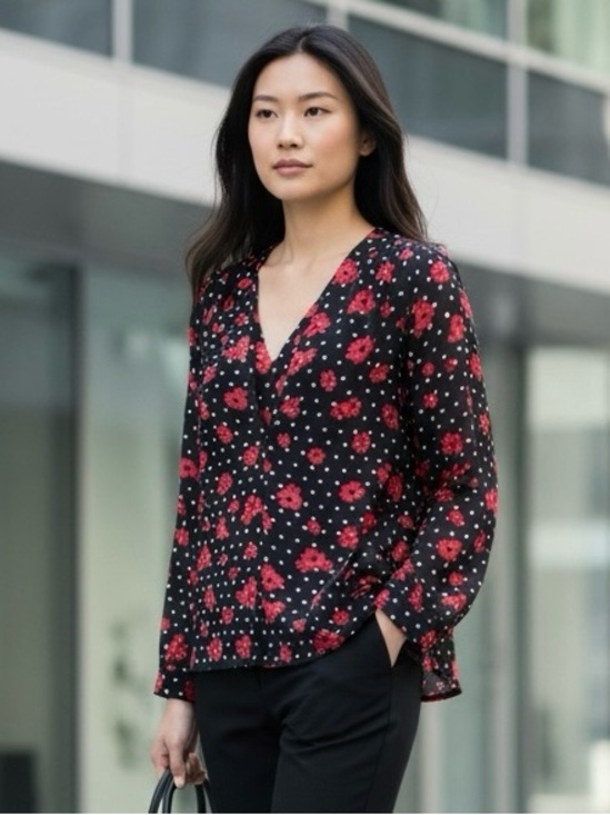 Elle Tops - NWT Elle Black Floral V-Neck Long Sleeve Blouse Career Top Size S
